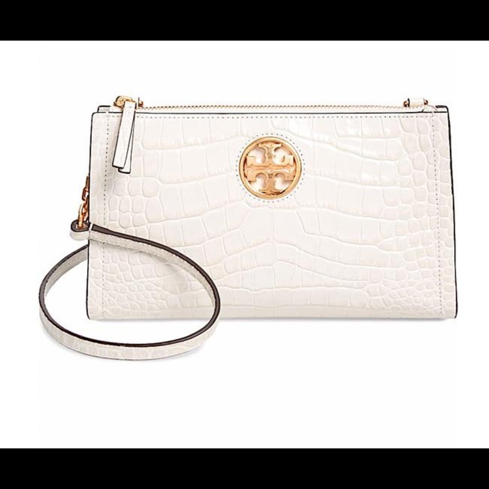 Tory Burch Carson Crocodile Embossed Ivory White Leather Cross Body Bag - New